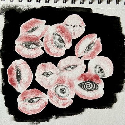 pencil drawn eyes in the gaps of red lipstick kisses with a painted black background Lipstick Eye Art, Lip Eye Drawing, Lipstick Art Drawing Kiss, Lipstick Eyes Drawing, Kiss Eyes Drawing, Lips Eyes Drawing, Lipstick Kiss Art, Drawn Eyes, Drawn Lips