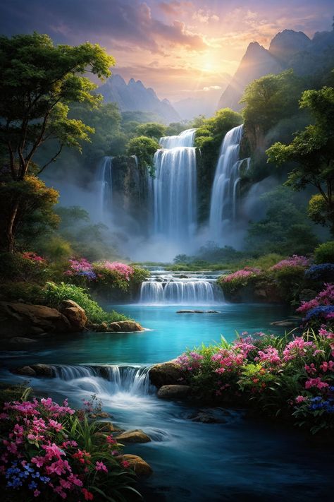 Waterfall Painting On Canvas, Waterfall Fantasy Art, Waterfalls Painting, Nature Scenery Painting, Waterfall Images, Beautiful Scenery Paintings, Hd Phone Backgrounds, Waterfall Scenery, Waterfall Pictures