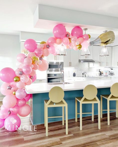 Balloons Over Kitchen Island, Kitchen Island Birthday Party Decor, Island Birthday, Kitchen Island Decor Ideas, Champagne Balloons, Peggy Porschen, Balloons Decor, Pink Island, Twin Birthday Parties