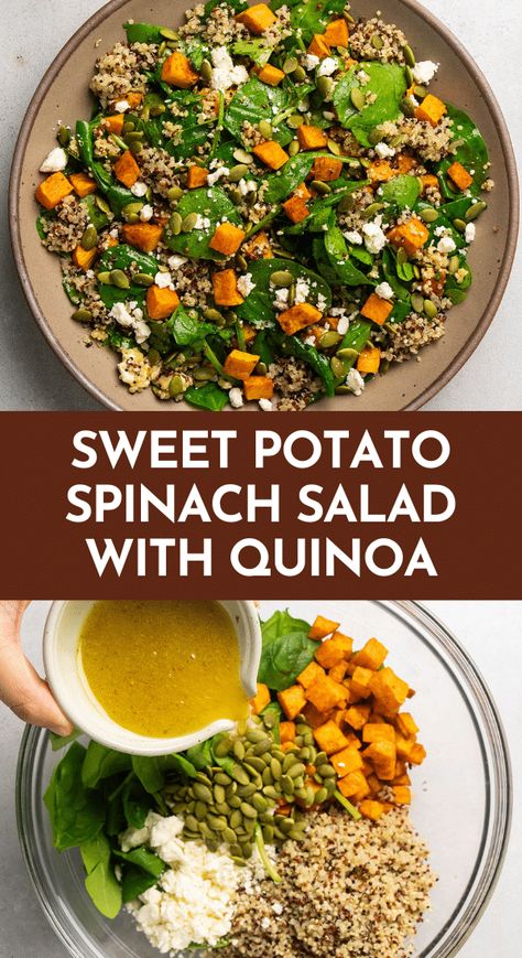 This easy warm spinach salad is perfect for fall! With quinoa, roasted sweet potato, feta cheese, and a homemade maple dijon vinaigrette. This roasted veggie salad with baby spinach is a great option if you’re looking for healthy holiday recipes or Thanksgiving salad recipes. Add protein - like salmon, chicken, or beans - to make it heartier. This sweet potato quinoa bowl is one of our favorite spinach salad recipes - and it’s easy to customize! Vegetarian. Sweet Potato Quinoa Bowl, Sweet Potato Feta, Warm Spinach Salad, Fall Quinoa Salad, Spinach Apple Salad, Quinoa Spinach Salad, Sweet Potato Quinoa Salad, Roasted Veggie Salad, Salad With Quinoa