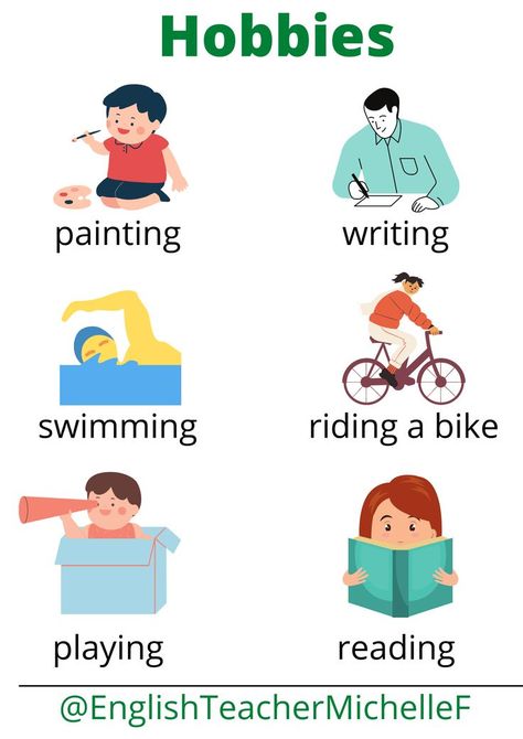 Some English vocabulary words for some popular children's hobbies, with pictures. Includes the words: painting, writing, swimming, reading, playing and riding a bike. Words Painting, Painting Writing, Free Time Activities, All About Me Activities, About Me Activities, English For Beginners, Popular Hobbies, Learning English For Kids, English Phonics