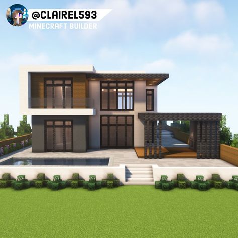 Modern House Ideas Minecraft, Minecraft Modern Houses Blueprints, Modern House Exterior Minecraft, Modern Mc House, Modern House Design In Minecraft, Modern Base Minecraft, Modern House With Pool, Modern Minecraft Houses Interiors, Big Modern House