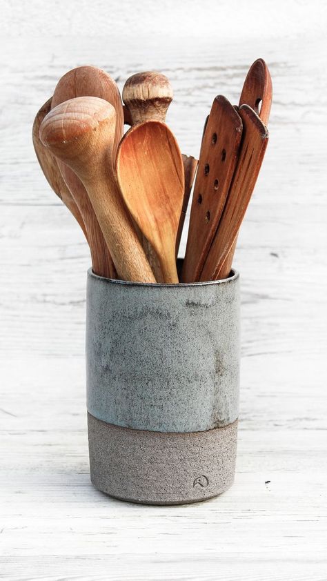 Artisan handcrafted kitchen decor, vase, wine cooler. Wheel thrown pottery spoon, brush holder Kitchen Utensils Holder, Ceramic Crock, Pottery Spoon, Ceramic Utensil Holder, Utensil Storage, Countertop Organizer, Kitchen Utensil Holder, Wheel Thrown Pottery, Organic Forms