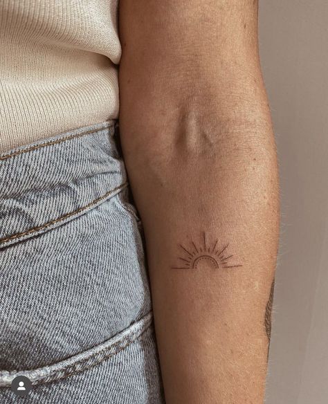 Dainty Half Sun Tattoo, 2 Suns Tattoo, Half Sun Wrist Tattoo, Sun Tattoo With Date, Half Sunshine Tattoo, Sun Tattoo With Name, Fine Line Half Sun Tattoo, Tiny Sunrise Tattoo, Dainty Sunshine Tattoo