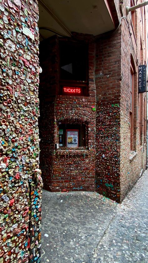 Gum wall at Pike Place Market Beatrice Core, Seattle Vibes, Seattle Gum Wall, Seattle Pike Place Market, Cities Aesthetic, Penny Wall, Seattle Aesthetic, Seattle Life, Telling Secrets