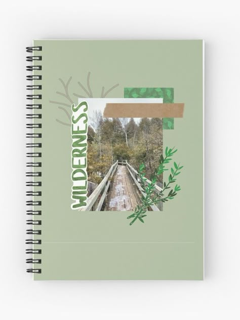 This green-aesthetic spiral notebook with a scrapbook-inspired cover is perfect for back to school! Other products with this design are available on Redbubble, including stickers Aesthetic School Book Covers Diy, Cover For Scrapbook Ideas, Scrapbook Design Front Page, How To Design Notebook, School Books Aesthetic Cover, Aesthetic Diary Cover Design, Book Covering Ideas School, Aesthetic Journal Front Cover, Scrapbook Notebook Cover