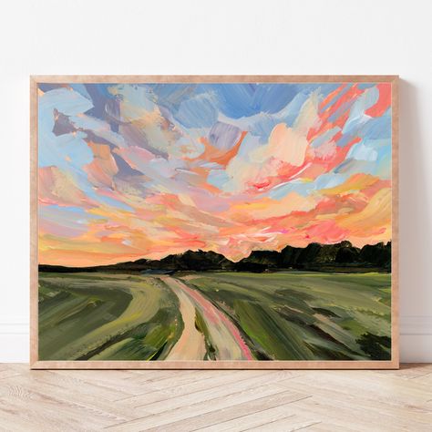 Rural Oklahoma Sunset Fine Art Print Rural Landscape - Etsy Mountain Lake Sunset Painting, Simple Landscape Paintings, Oklahoma Sunset, Rock Wall Art, Woods Painting, Oklahoma Art, Sky Art Painting, Sunset Artwork, Painting Sunset