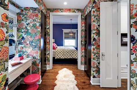 Into the Wild... Flowers & Fauna Chiang Mai Wallpaper, Schumacher Chiang Mai Dragon, Blue Bedroom Walls, Chiang Mai Dragon, Eclectic Bedroom, New Interior Design, Wallpaper Love, Blue Bedroom, House And Home Magazine