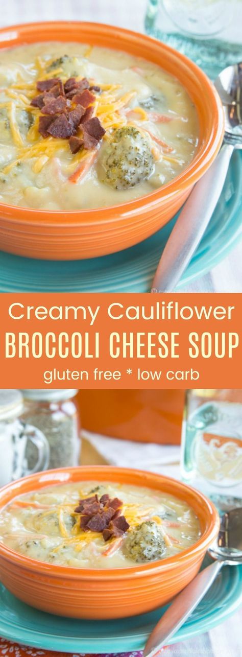 Cauliflower Broccoli Cheese Soup - just as creamy and cheesy as a classic broccoli cheddar soup recipe but more veggies make it more healthy! Gluten free and low carb too. Cauliflower And Broccoli Cheese, Broccoli Cheddar Soup Recipe, Cheddar Soup Recipe, Keto Broccoli Cheese Soup, Clean Eating Soup, Keto Broccoli, Broccoli Cheese Soup Recipes, Cheese Soup Recipes, More Veggies