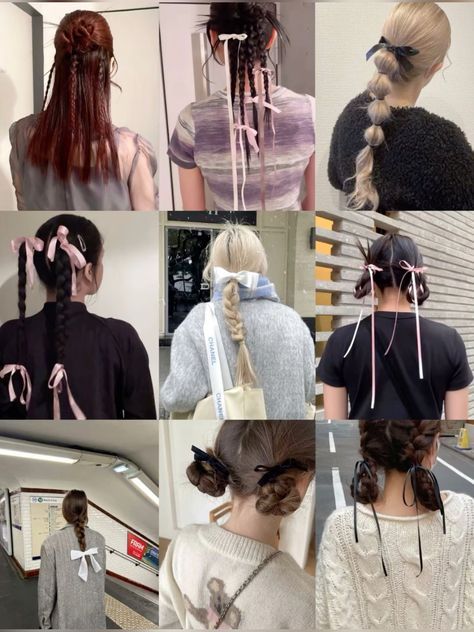 2 Ribbon Hairstyle, Tied Hair Hairstyles, Two Braids With Ribbon, How To Tie Ribbon In Hair, Tie Up Hairstyles, Tied Hairstyle, Hairstyle With Ribbon, Hairstyles Ribbon, Hairstyles With Ribbon