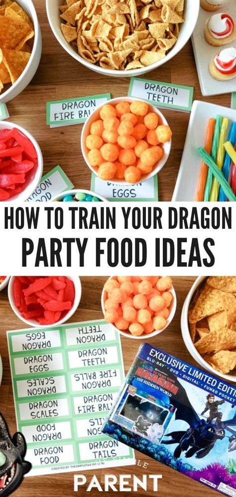 How to Train Your Dragon Party Food Ideas with free printable labels make it easy to plan a celebration or easy family movie night! Make an easy DIY snack table with these simple ideas! Get the How to Train Your Dragon 3 Walmart Exclusive DVD Gift Set at Walmart and start planning! #TrainYourDragonAtWalmart #Pmedia #ad Dragon Party Food Ideas, Diy Snack Table, Dragon Party Food, Httyd Party, Dragon Themed Birthday Party, Dragon Birthday Parties, Diy Snacks, Dragon Movies, Party Food Ideas