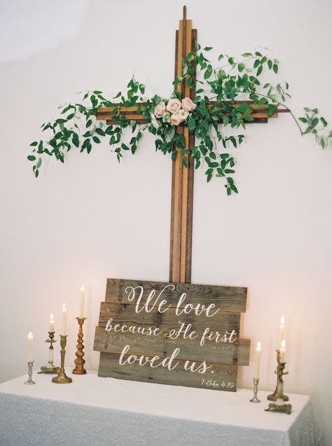 Wooden Cross With Flowers, Christian Wedding Ideas, Wedding Scripture, Cross With Flowers, California Winery Wedding, Cheap Wedding Decorations, Church Wedding Decorations, He First Loved Us, Montana Wedding