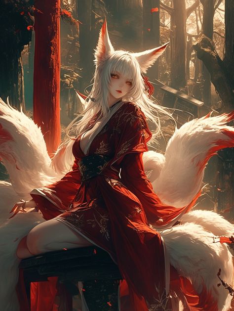 Fox Woman Art, Male Kitsune Character Design, Kitsune Artwork, Kitsune Girl Art, Anime Fox Female, Kitsune Art Character Design, White Hair Character Design Female, Kitsune Female, Kitsune Woman