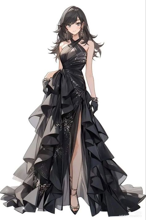 Anime Dresses, One Night Stand, Old Fashion Dresses, Fantasy Dresses, Fashion Drawing Dresses, Anime Inspired Outfits, Dress Design Sketches, Fashion Illustration Dresses, Black Outfits