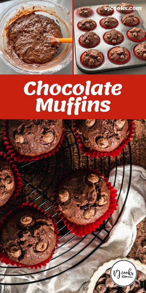 Light and fluffy, these milk chocolate muffins are super easy to make. The perfect home baking to pop in school lunches, to take on a picnic or serve at a morning tea. The simple mixture is made from butter, sugar, eggs, oil, milk, vanilla essence, cocoa, flour and chocolate drops. Ready in under an hour, enjoy these with a warm cuppa for a mid afternoon pick-me-up. #vjcooks #chocolatemuffins #schoollunches Vj Cooks, Chocolate Drops, Mid Afternoon, Homemade Muffins, Cooking Chocolate, Muffin Tray, Butter Oil, Sugar Eggs, Quick Breads