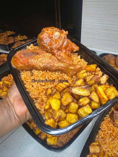 Smokey jollof rice, chicken and duced plantain Jollof Rice And Chicken, African Jollof Rice And Chicken, Nigerian Jollof Rice, Nigerian Jollof Rice And Chicken, Party Jollof Rice, Jollof Rice Nigerian With Chicken And Plantain, Jollof Rice, Nigerian Food, Food Pin