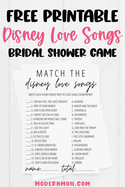 Disney Love Songs Game Free Printable Beauty And The Beast Bridal Shower Games, Bridal Shower Disney, Disney Themed Bridal Shower, Disney Love Songs, Bridal Shower Games Prizes, Disney Love Quotes, Disney Quiz, Disney Bridal Showers, Princess Games