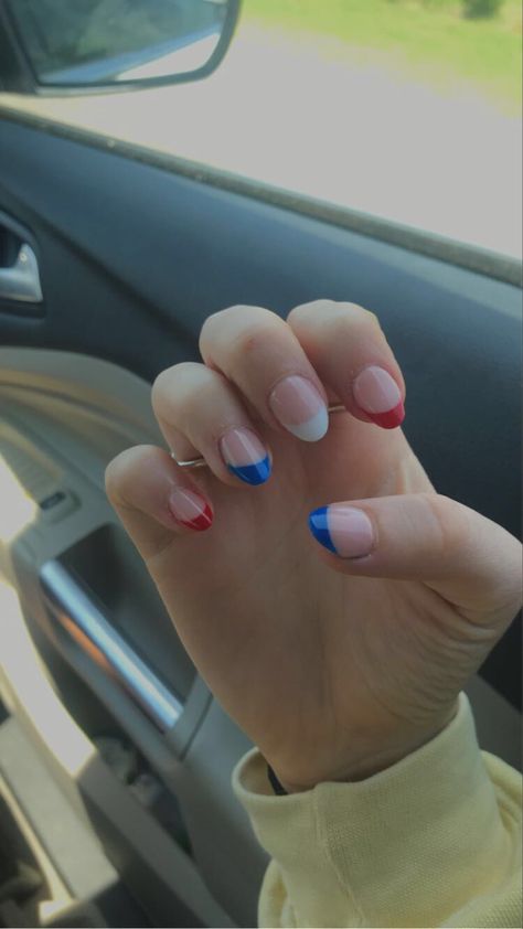 Forth Of July French Tips, Fourth Of July French Tips, Subtle America Nails, 4th Of July Nails French Tips, Bright Blue And White Nails, Red And Blue Almond Nails, Easy Red White And Blue Nails Simple, Red Blue And White Nails, 4th Of July French Tips