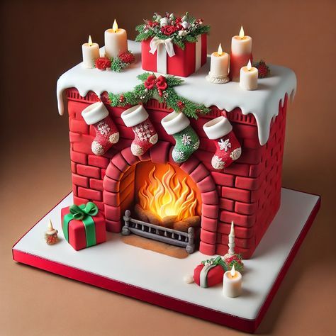 Cakes That Look Like Food, Homemade Christmas Cake, Festive Fireplace, Easy Christmas Cake Recipe, Christmas Cake Ideas, Christmas Cake Designs, Christmas Cake Recipes, Brick Texture, Baking Inspiration