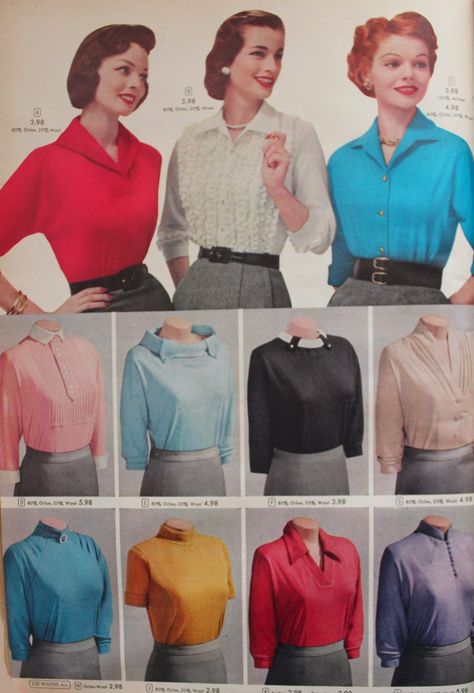 1957 knit tops and tailored blouses                                                                                                                                                                                 More Nancy Deweir, 1950s Tops, 1950s Shirts, 1950 Fashion, Fifties Fashion, Design Moda, 20th Century Fashion, Vintage Wardrobe, Vintage Fur