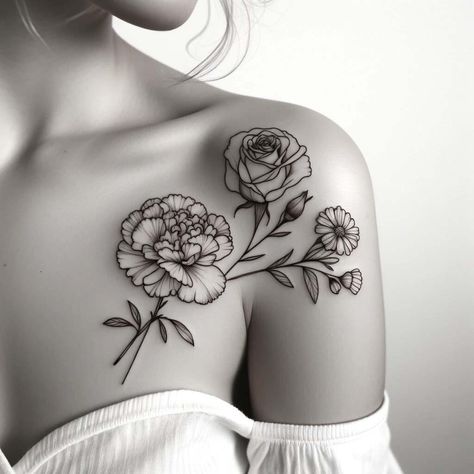 Small Tattoo Ideas Patchwork, Daffodil Chest Tattoo, Carnation Collar Bone Tattoo, Marigold Chest Tattoo, Rose Marigold Tattoo, Woman’s Neck Tattoos, Carnation Shoulder Tattoo, Marigold And Rose Flower Tattoo, Collarbone And Shoulder Tattoo