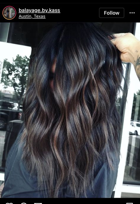 Dark Fall Hair With Dimension, Fall Black Hair Color Ideas, Dark Hair Color Ideas Black, Dark Brunette Summer Hair, Dark Cool Tone Balayage, 2023 Dark Hair Trends For Women, Brunette With Black Lowlights, Dark Hair No Highlights, Dark Reverse Balayage