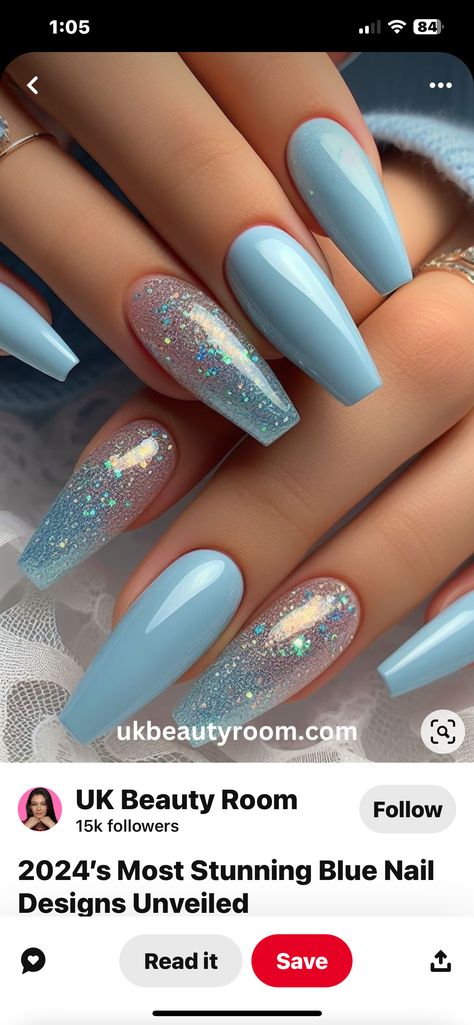 Icy Blue Prom Nails, Blue Prom Nails, Hoco Nails, Formal Nails, Glittery Nails, Prom Nails, Icy Blue, Homecoming Hairstyles, Blue Glitter