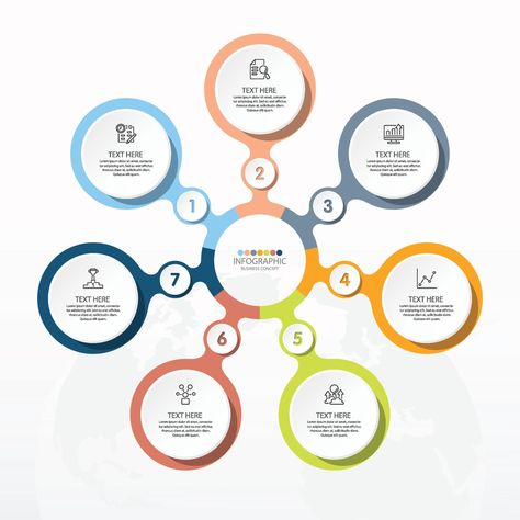 Basic circle infographic template with 7 steps, process or options, process chart, Used for process diagram, presentations, workflow layout, flow chart, infograph. Vector eps10 illustration. 7 Infographic Design, Process Flow Chart Design, Flow Chart Design Ideas, Chart Layout, Flow Chart Design, Cognitive Processes, Process Diagram, Process Flow Chart, Infographic Examples