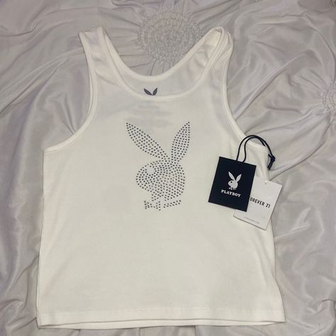 White Tank Top With Playboy Logo In Rhinestones Playboy Logo, Trashy Outfits, White Crop Tank, Wardrobe Clothes, Trashy Y2k, Shein Outfits, Summer Inspo, Forever21 Tops, Virtual Closet