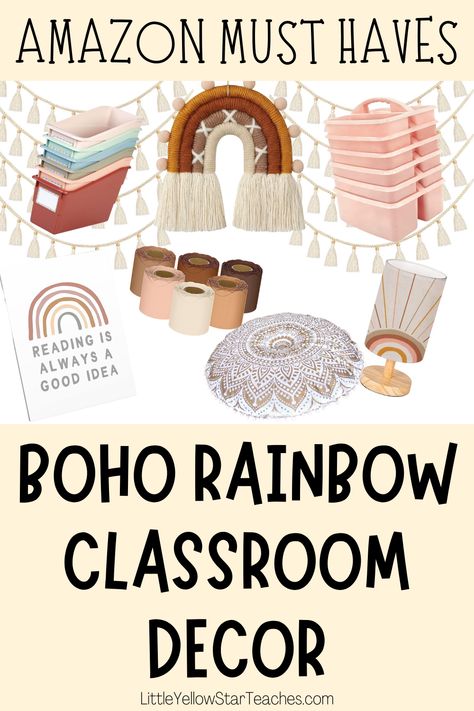 Boho Classroom Inspiration, Neutral Rainbow Classroom Decor, Classroom Decor Amazon, Boho Classroom Themes Elementary, Amazon Classroom Decor, Boho Style Classroom, Classroom Boho Decor, Boho Classroom Decor Ideas Elementary, Boho Reading Corner Classroom