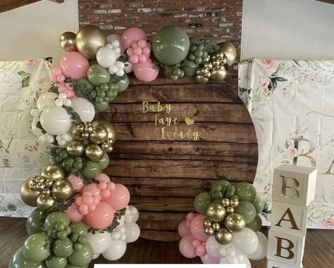 Pink And Sage Baby Shower Ideas, Sage Green And Pink Baby Shower Ideas, Green And Pink Baby Shower Ideas, Pink And Green Baby Shower Ideas, Baby Shower Verde, Frog Baby Showers, Sage Green Baby Shower, Blush Pink Baby Shower, Blush Balloons