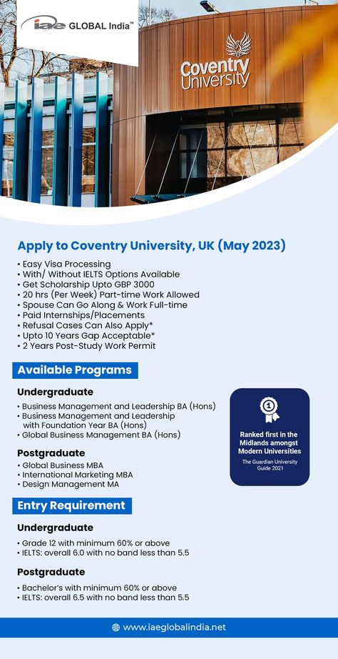 Coventry University is now accepting applications for the May 2023 intake! If you are interested in studying at this world-renowned institution, be sure to submit your application today. Coventry University, Study In Uk, International Market, Top Universities, Full Time Work, May 2023, Global Business, Coventry, Colleges And Universities