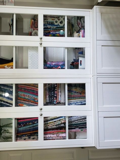 Ikea Hacks For Sewing Room, Ikea Fabric Storage, Sewing Room Cabinets, Ikea Quilting Room Ideas, Kallax Sewing Room, Ikea Sewing Rooms Storage Cabinets, Sewing Storage Cabinet, Sewing Room Shelving Ideas, Ikea Kallax Sewing Room Ideas