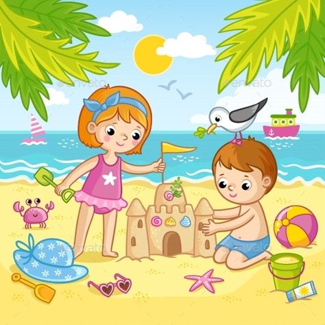 Boy and a Girl Building a Castle From the Sand - People Characters Building A Castle, Cartoon Drawing For Kids, Picture Comprehension, Illustration Beach, Coloring Books For Kids, Beach Drawing, Picture Composition, Beach Illustration, Easy Drawings For Kids