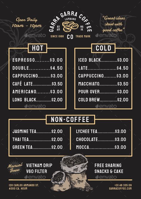 Coffee Cafe Print Menu Preview - GraphicRiver Cafe Menu Chalkboard, Coffee Shop Menu Design Ideas, Menu Board Design Cafe, Coffee Menu Board Design, Cafe Menu Design Layout, Coffee Menu Ideas, Coffee Menu Design Ideas, Menu Cafe Design, Coffee Menu Board