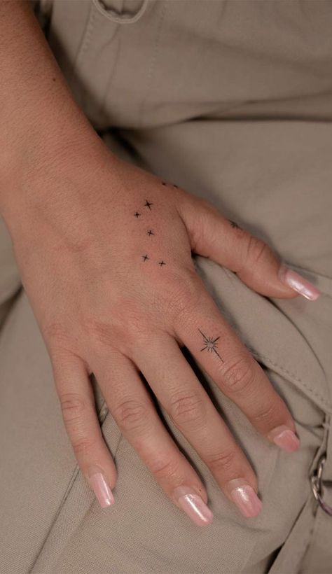 Hand Twinkle Tattoo, Hand Tattoo Inspiration, Fine Line Hand Tattoo, Tattoos For Grandparents Meaningful, Grandparents Tattoo, Hand Tatto, Thumb Tattoos, Sky Tattoos, Butterfly Hand Tattoo