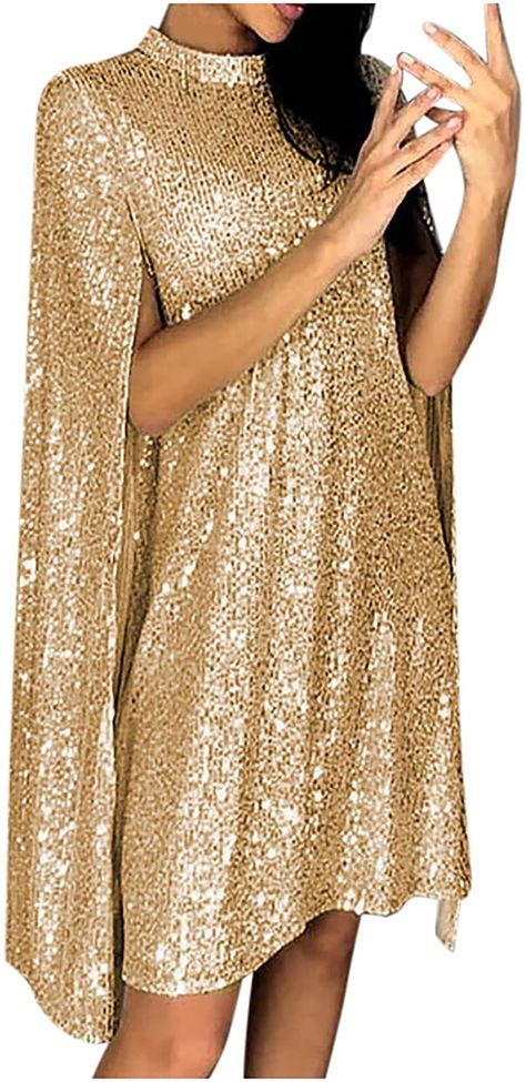 Amazon.com: RFNIU Womens Sequin Dress for Women Fashion Cape Sleeve Sexy Solid Cocktail Mini Dress Casual Loose Crewneck Party Gowns : Clothing, Shoes & Jewelry Jacket Gown, Glitter Party Dress, Loose Turtleneck, Cape Jacket, Glitter Party, Lady Dress, Vestido Plus Size, Club Night, Loose Style