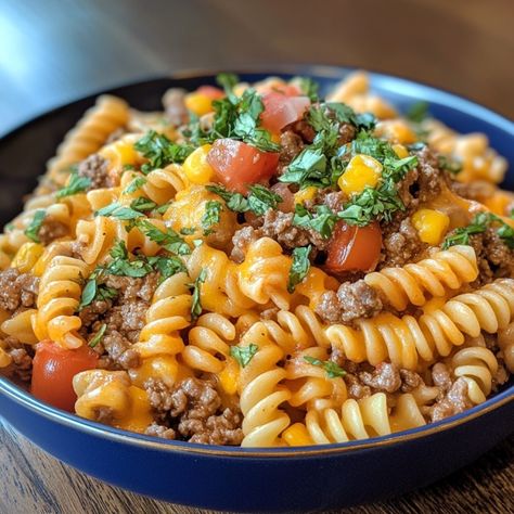 Cheesy Beef Taco Pasta Fiesta Cheesy Beef Taco Pasta, Beef Taco Pasta, Diner Ideas, Pasta Meals, Beef Taco, Marinara Sauce Homemade, Taco Pasta, Mexican Casserole, Ground Meat Recipes