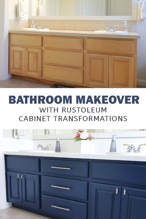 navy blue bathroom cabinet rustoelum Rustoleum Cabinet Transformation, Rustoleum Cabinet, Bathroom Cabinet Makeover, Bathroom Renovation Diy, Navy Blue Bathrooms, Cabinet Transformations, Painting Bathroom Cabinets, Painted Bathroom, Diy Bathroom Makeover