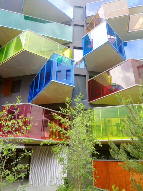 10 Examples Of Colored Glass Found In Modern Architecture And Interior Design Apartment Exterior Design, Apartment Exterior, Colour Architecture, Colourful Buildings, Architecture Design Concept, Design Exterior, Unique Architecture, Building Facade, Facade Architecture