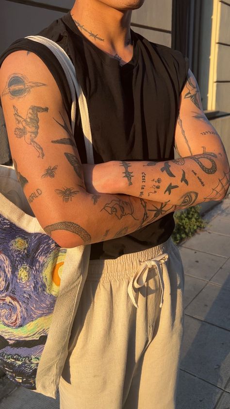 Dainty Men Tattoo, Guys With Patchwork Tattoos, Male Sticker Tattoo Sleeve, Cool Male Tattoos Ideas, Patchy Tattoos Men, Old Money With Tattoo, Male Tattoos Patchwork, Gentlemen Tattoo For Men, Men’s Tattoos Aesthetic