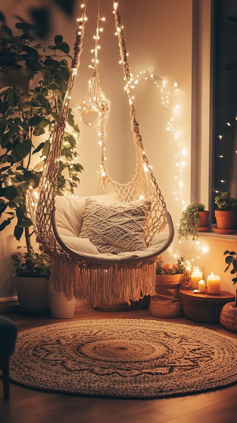 Cozy reading nook featuring a macrame chair, fairy lights, potted plants, and soft candle lighting for a warm atmosphere. Cute Hanging Chairs For Bedrooms, Bean Bag Chair Room Ideas, Hanging Chair Living Room Ideas, Cozy Hanging Chair, Small Hanging Chair In Bedroom, Hanging Chairs Living Room, Creating A Reading Nook Cozy Corner, My Dream Room Ideas, Cute Room Decor Cozy