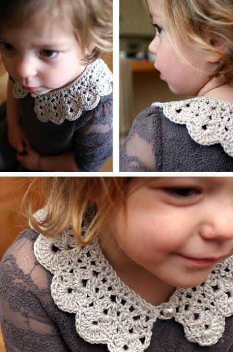 Crochet Collar- These would be cute to crochet ahead of time if you are expecting, but don't know the gender. They could make gender neutral onsies very girly! Crochet Collars, Crochet Jackets, Col Crochet, Crochet Collar Pattern, Crochet Lace Collar, Confection Au Crochet, Crochet Kids, Crochet Vintage, Crochet Things