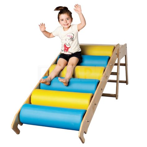 Roller Slide provides child with deep pressure proprioception to help sooth and calm the child as they slide down either in a prone or supine position. Sensory Circuits, Roller Slide, Gym Playground, Sensory Seeking, Proprioceptive Input, Sensory Equipment, Bilateral Coordination, Bumpy Ride, Pediatric Physical Therapy