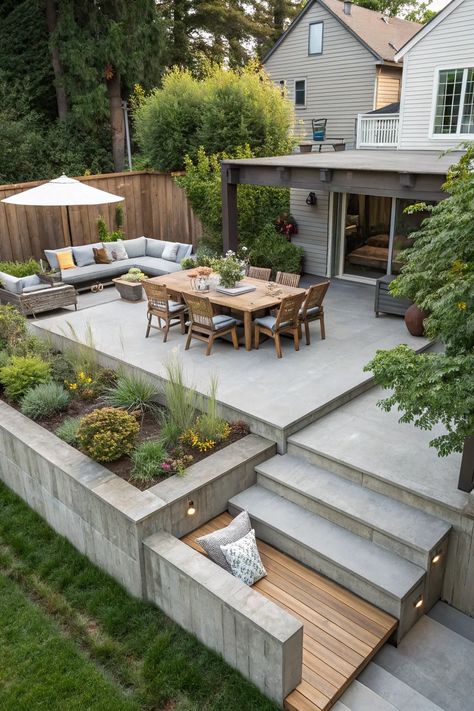 23+ Stylish Raised Concrete Patio Ideas for Backyards Raised Concrete Patio Ideas, Raised Concrete Patio, Raised Patio Ideas, Deck Plants, Concrete Patio Ideas, Deck Patio Ideas, Stone Deck, Farmhouse Landscape, Backyard Goals