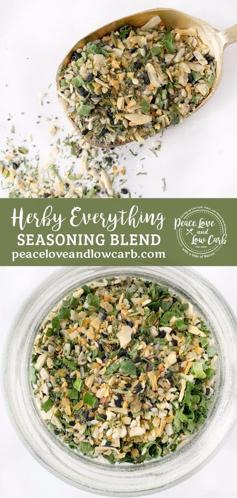 Herby Everything Seasoning blend is my signature spice blend that goes on everything. It takes a dish from bland to WOW in a pinch. Try it on eggs, salad, as a base for dips, on steak, you name it! | Peace Love and Low Carb Dairy Free Dip Recipes, Keto Seasoning, Eggs Salad, Everything Seasoning, Dairy Free Dips, Peace Love And Low Carb, Homemade Spice Mix, Spice Blends Recipes, Homemade Pantry