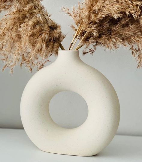 White Donut Ceramic Vase Boho Vases, Vase For Pampas, Circle Vase, Ceramic Donut, Large White Vase, Farmhouse Vases, Pampas Grass Vase, Donut Vase, Boho Vase