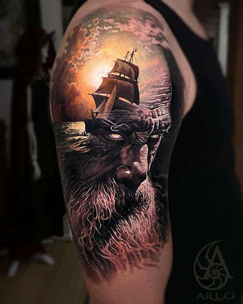 Arlo Tattoo, Arlo Dicristina, Viking Ship Tattoo, Arm Tattoos Color, Ryan Ashley Malarkey, Ocean Sleeve Tattoos, Nautical Tattoo Sleeve, Herren Hand Tattoos, Viking Warrior Tattoos