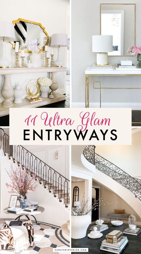 11 Stunning Glam Entryways with Luxe Style White And Gold Entryway Decor, High End Entryway, Glam Foyer Ideas Entryway, Foyer Decorating Entryway Luxury Homes, Foyer Mirror Ideas Entry Ways, Glam Entryway Ideas, Foyer Decorating Entryway Front Entry, Elegant Entryway Ideas Luxury, Modern Glam Entryway