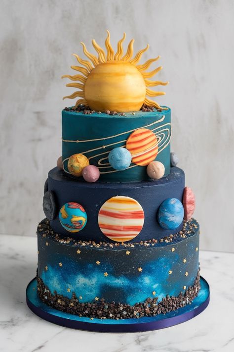 Stunning Solar System Cake with Edible Sun and Planets Astronomy Birthday Cake, Science Themed Cake, Birthday Cake Aesthetic Blue, Astronomy Cake, First Trip Around The Sun Birthday Party Cake, Sun Themed Cake, 11 Birthday Cake, Cake Ideas Boys, Space Themed Birthday Cake